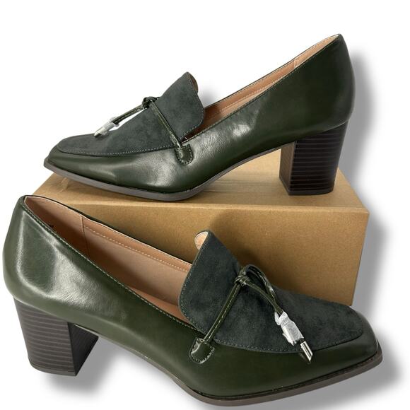 NEW Journee Loafer Heels Size 6 Olive Green Pumps Square Toe Y2K Quiet Luxury - Picture 1 of 12